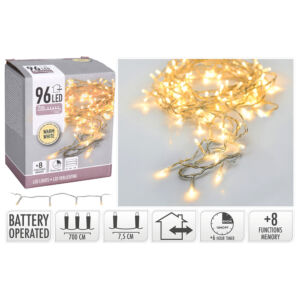 Ledfűzér, 96db-os, kül és beltéri, időzítős, melegfényű