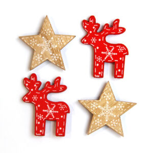 Fafigura csomag, piros szarvas, natúr csillag 4db/csomag