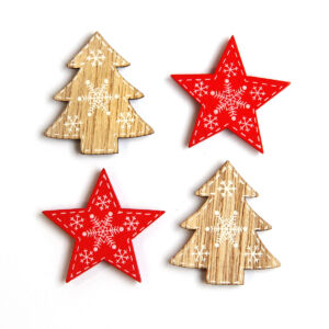 Fafigura csomag, piros csillag, natúr fenyőfa 4db/csomag