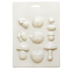 Műanyag öntőforma - Süni, gomba, alma, termések 10db