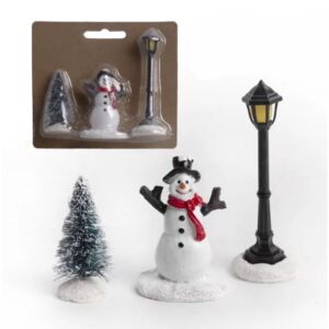 téli falu hóember kandeláberrel