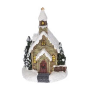 téli házikó LED-világítással, templom
