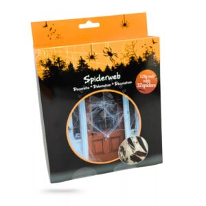 Kép 1/4 - Fehér pókháló dekoráció 125g, 32 db pókkal