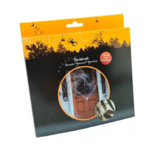 Kép 1/4 - Fehér pókháló dekoráció 20g, 2 db pókkal