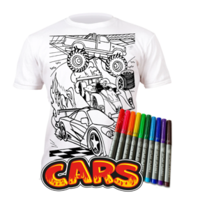 Kép 1/7 - Újraszínezhető póló - Autók, 3-4 éves korosztály