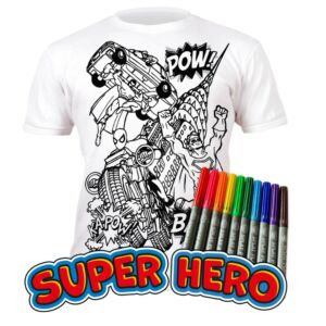 Kép 1/8 - Újraszínezhető póló - Szuperhősök, 3-4 éves korosztály