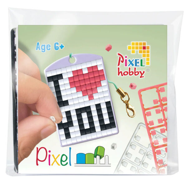 Pixel kulcstartó szett, színes alaplappal - I LOVE YOU