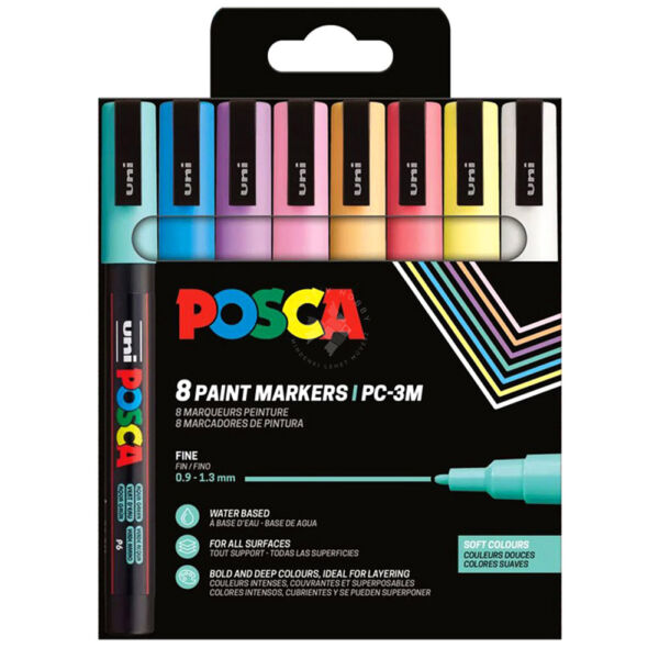 UNI POSCA akrilfilctoll készlet, PC-3M 8db LÁGY SZÍNEK