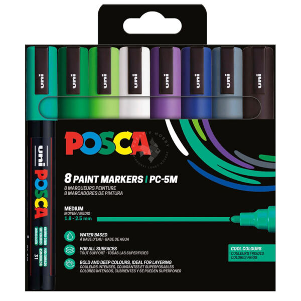 UNI POSCA akrilfilctoll készlet, PC-5M 8db HIDEG SZÍNEK
