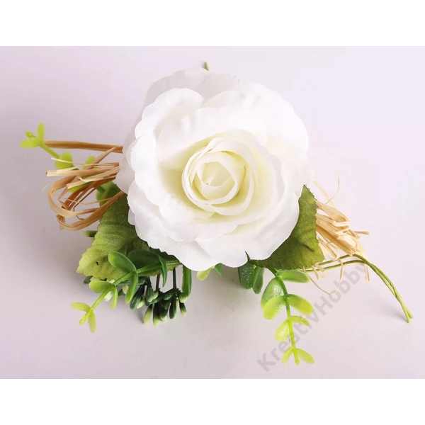 Művirág rózsa pick, levélel és bogyóval, fehér 26cm