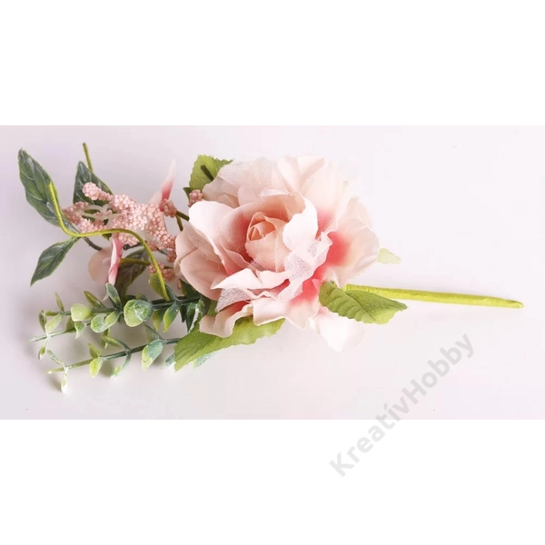 Művirág rózsa pick, levélel és bogyóval, rózsaszín 26cm
