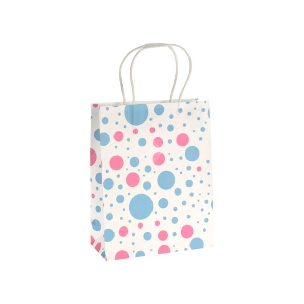 Papír ajándéktasak - kék és rózsaszín pöttyös 23x18cm