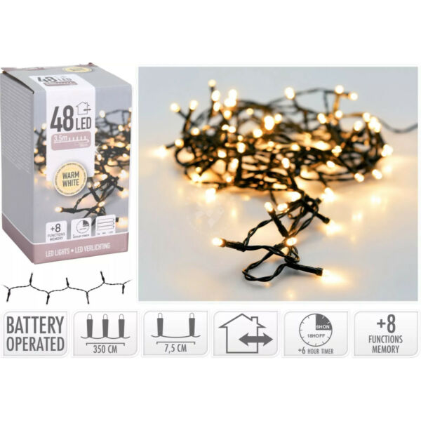 Ledfűzér, 48db-os, kül és beltéri, időzítős, melegfényű