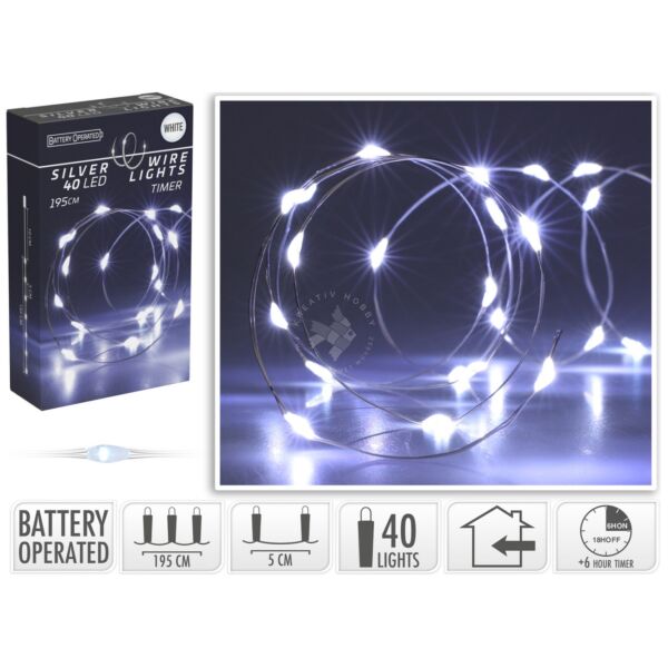 drótos ledfüzér, 40db-os, hideg fényű