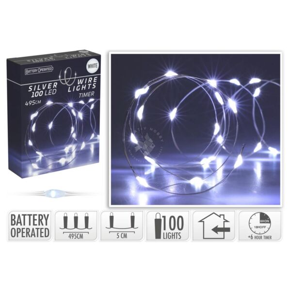 drótos ledfüzér, 100db-os, hideg fényű