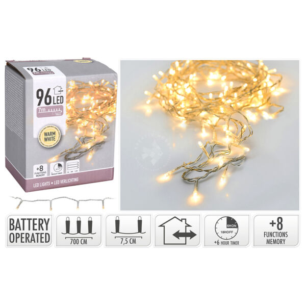 Ledfűzér, 96db-os, kül és beltéri, időzítős, melegfényű