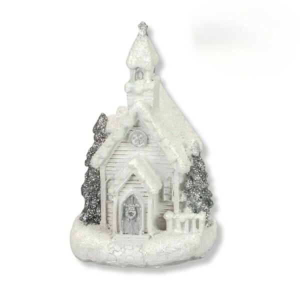 Téli házikó ledes, fehér-ezüst 10x7x6cm TEMPLOM
