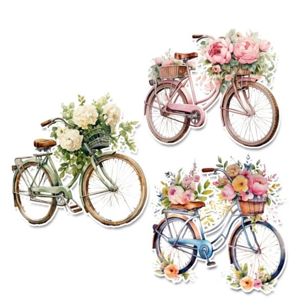 Színes fatábla - Virágos biciklik 7cm, 3db