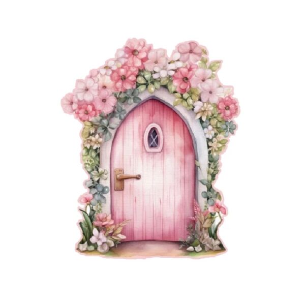 Színes fatábla - Virágos tündérajtó 14x10cm