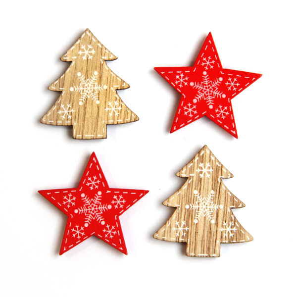 Fafigura csomag, piros csillag, natúr fenyőfa 4db/csomag