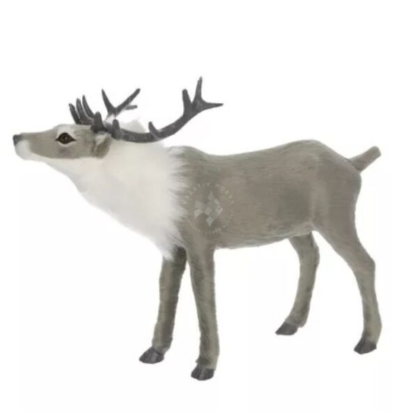 Szarvasbika álló, műanyag, textil, 26x9x21 cm, szürke, fehér