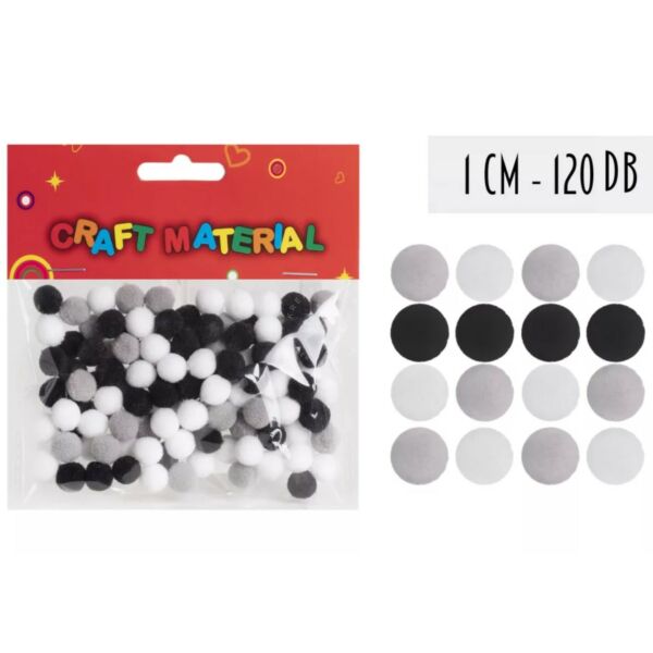 Pompon 10mm, 120db/cs FEKETE/FEHÉR/SZÜRKE