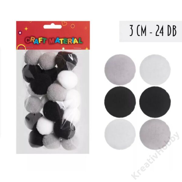 Pompon 30mm, 24db/cs FEKETE/FEHÉR/SZÜRKE