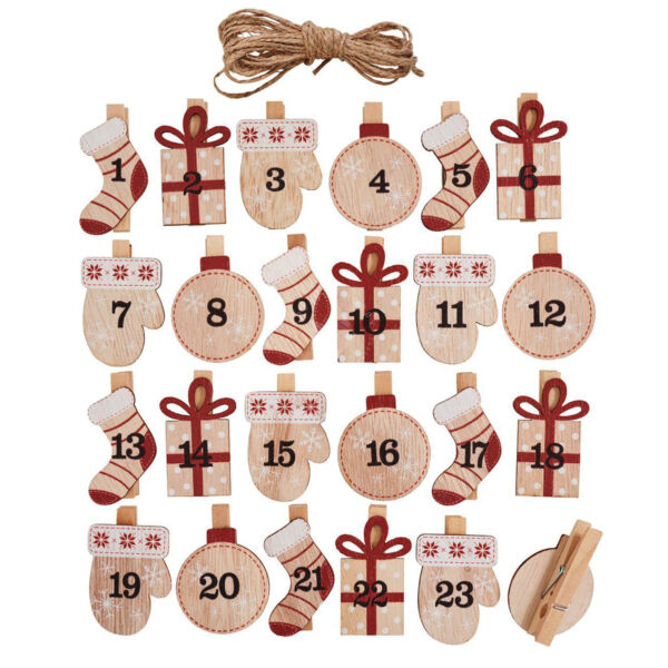 Adventi számozott fafigurák csipeszen, 4 cm