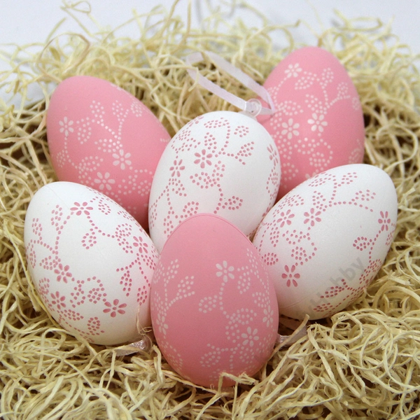 Dekor műanyag tojás 6cm ,Rózsaszín -fehér indák 6db/cs