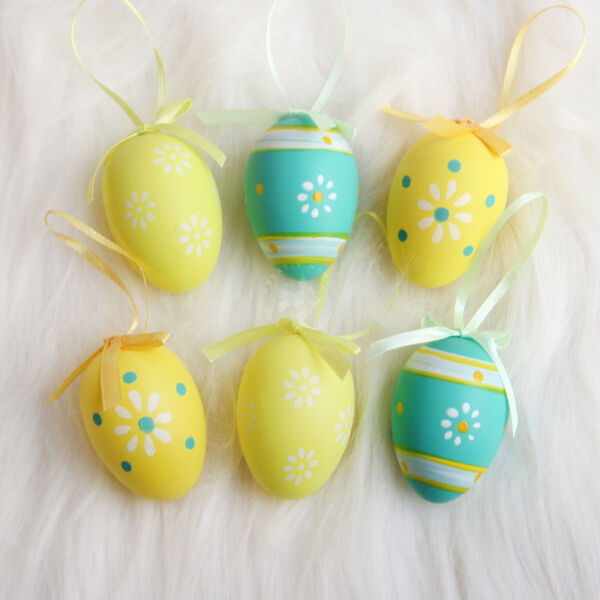 Dekor műanyag tojás 4x6cm sárga/türkizzöld/mintás 6db