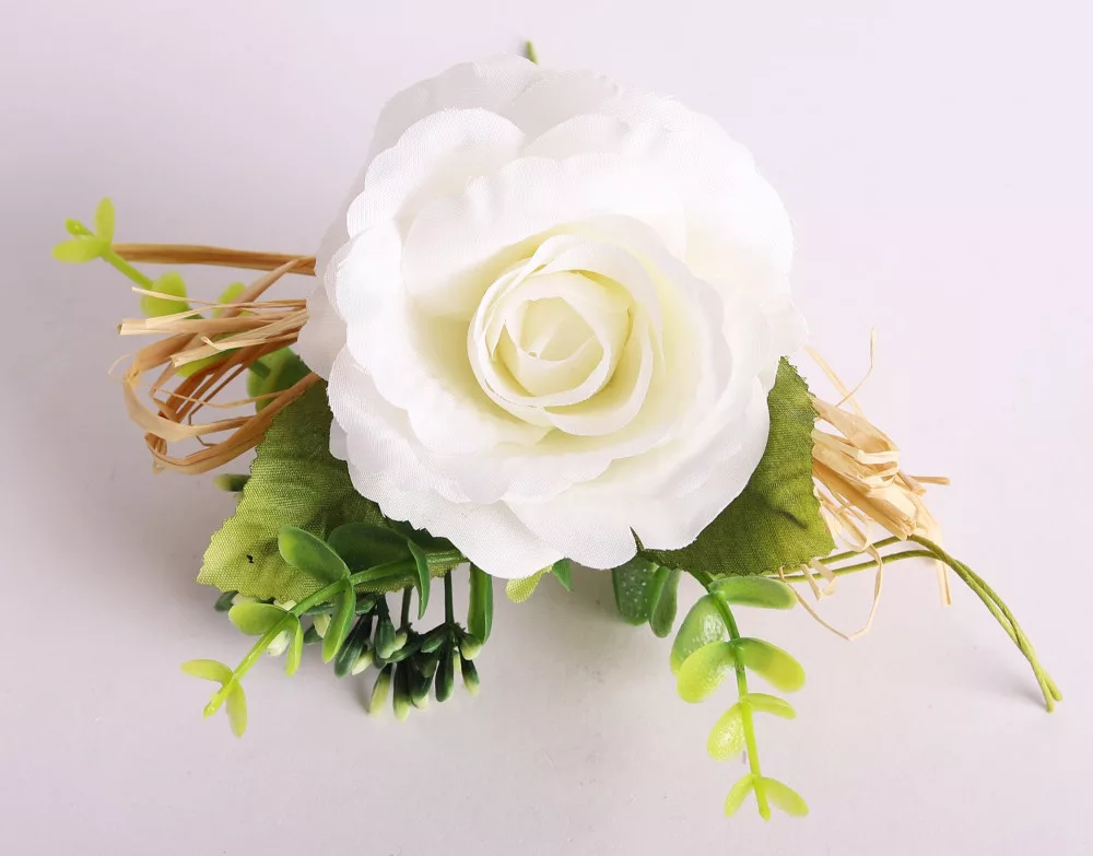 Művirág rózsa pick, levéllel és bogyóval, fehér 26cm