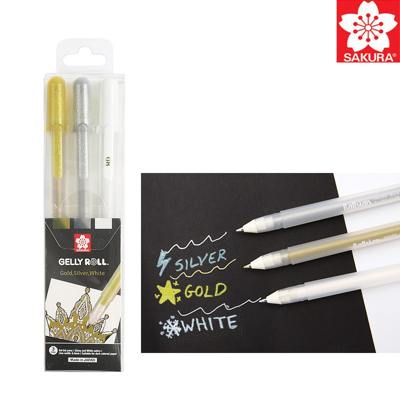 SAKURA zselés toll készlet 0,4mm arany, ezüst, fehér