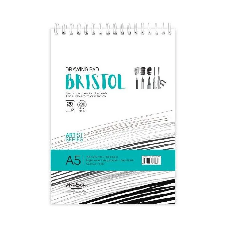 Drasca Bristol drawing pad wirebound 200g, 20 sheets, А5