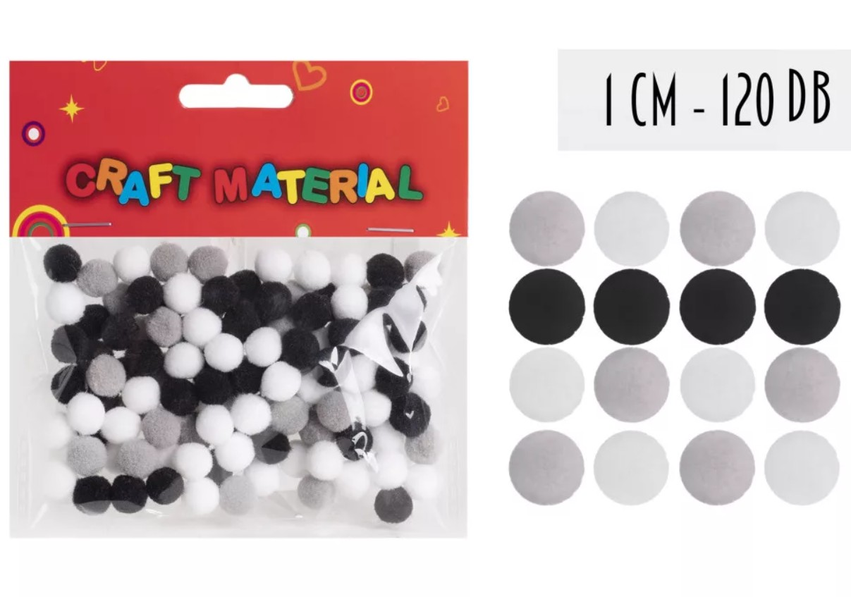 Pompon 10mm, 120db/cs FEKETE/FEHÉR/SZÜRKE