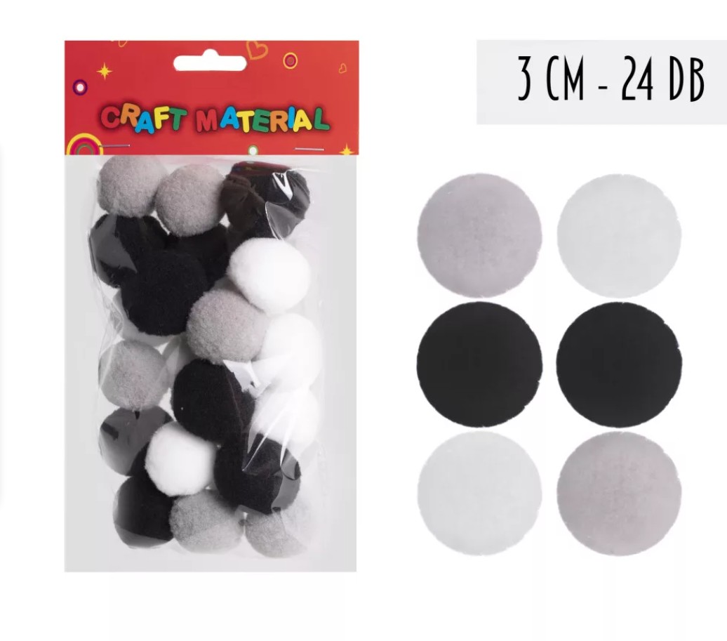 Pompon 30mm, 24db/cs FEKETE/FEHÉR/SZÜRKE